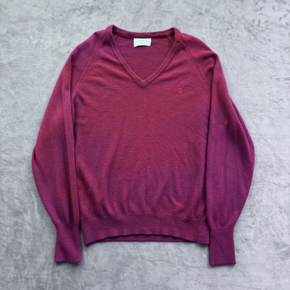 Vintage Christian Dior V-Neck Sweater Burgundy Orlon Acrylic Made in USA Mens L